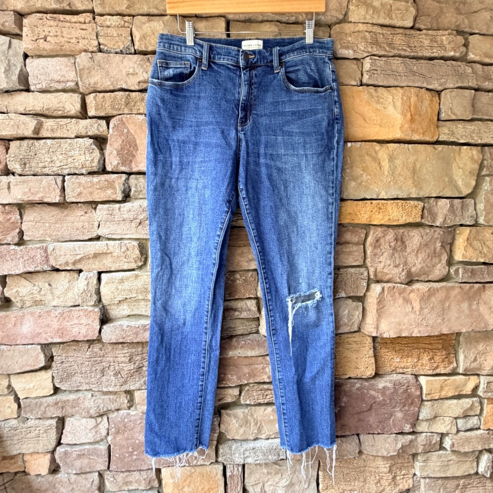 Oliver Logan Womens 29 Crosby Relaxed Taper Jeans Distressed Raw Hem Blue Denim